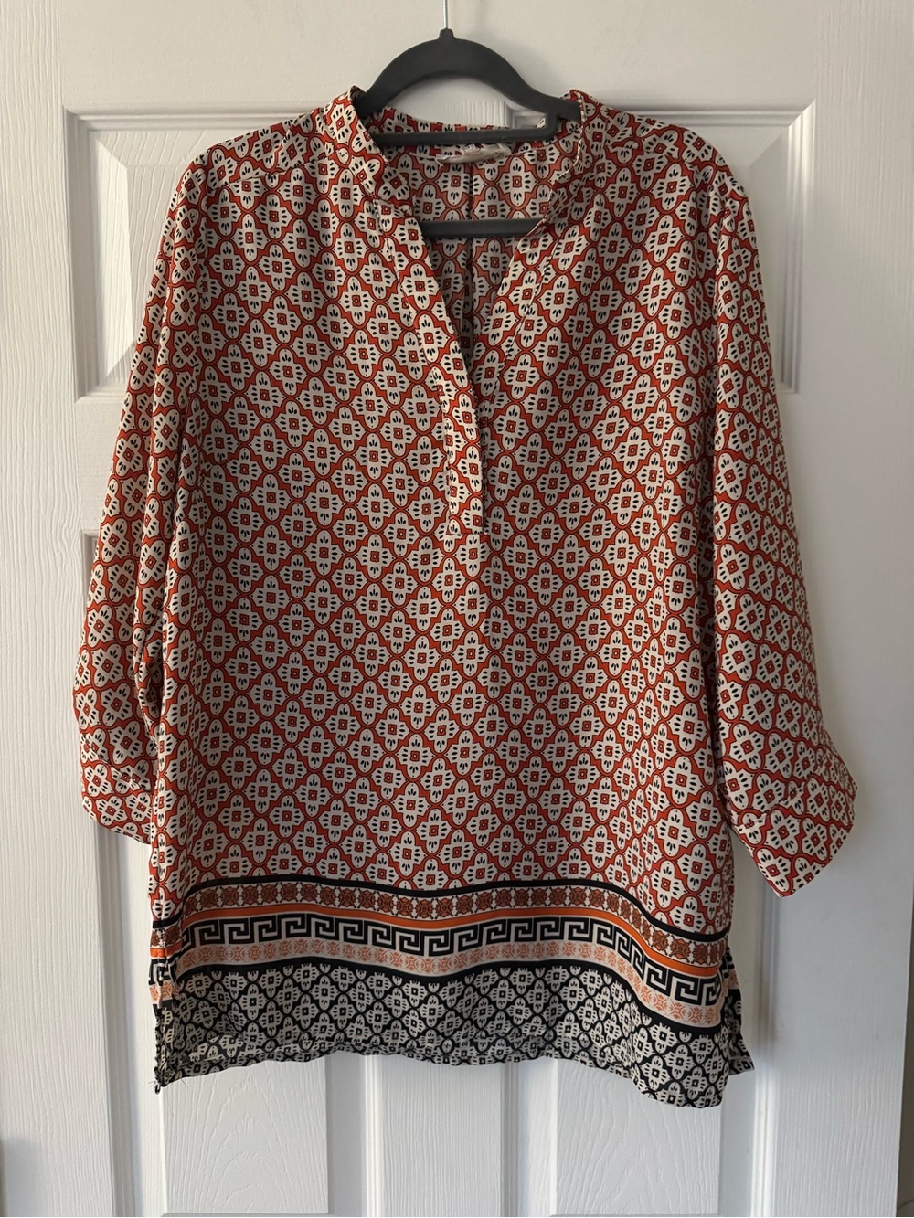 Kenar Rust and Black Geometric Border Tunic Sz M